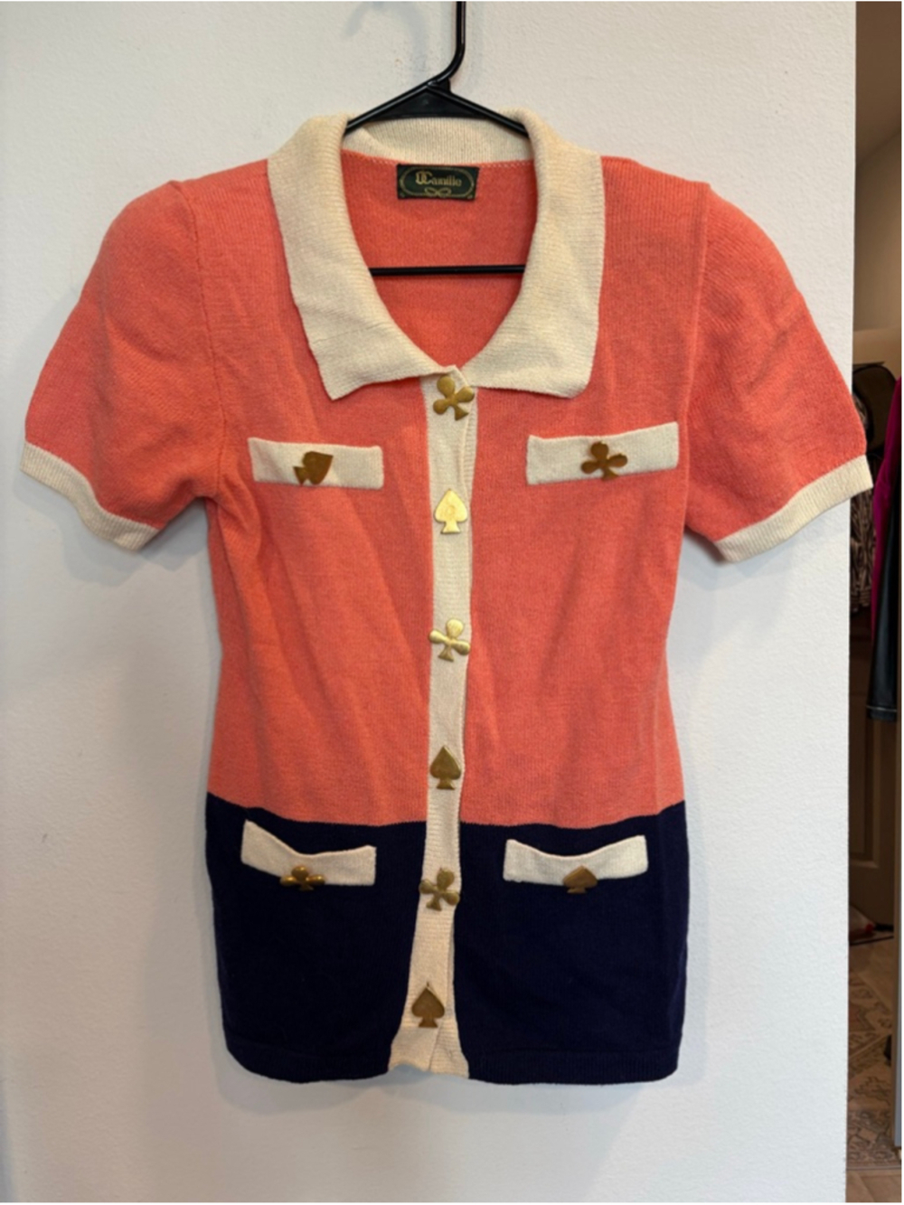 Vintage Camille Playing Card Button Knit Top Retro Mod Preppy Small